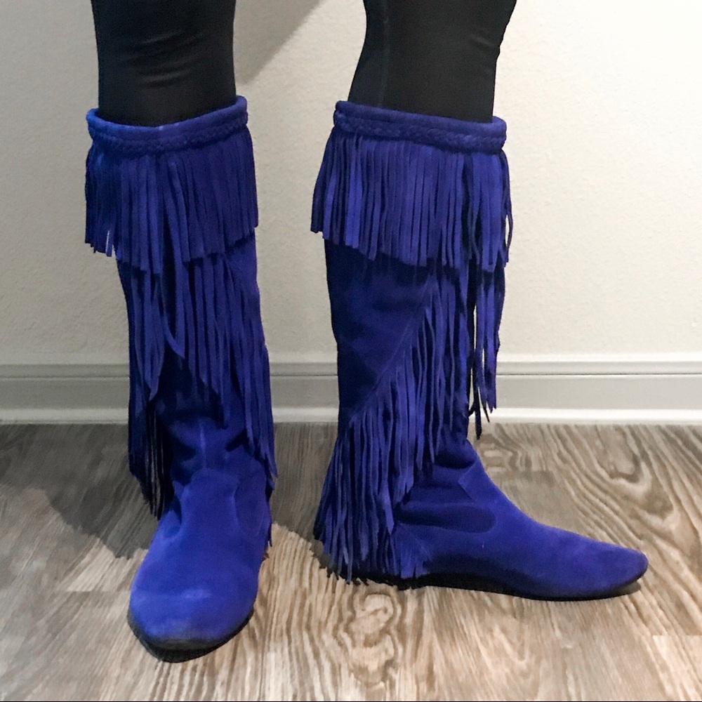Sam Edelman blue suede fringe slouch boots